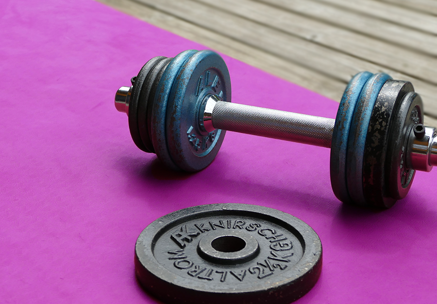 Eine Hantel und ein Gewicht liegen auf einer magentafarbenen Trainingsmatte.